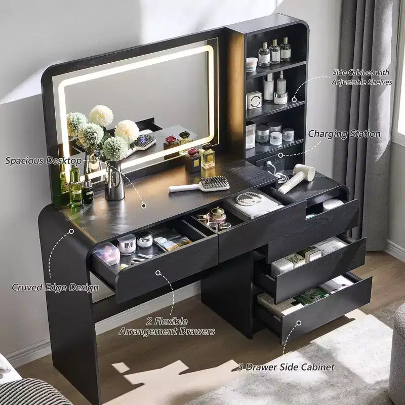 Vanity Desk with 35.4 LED Mirror and Lights, Modern Makeup Vanity Table with Charging Station & Adjustable Shelves