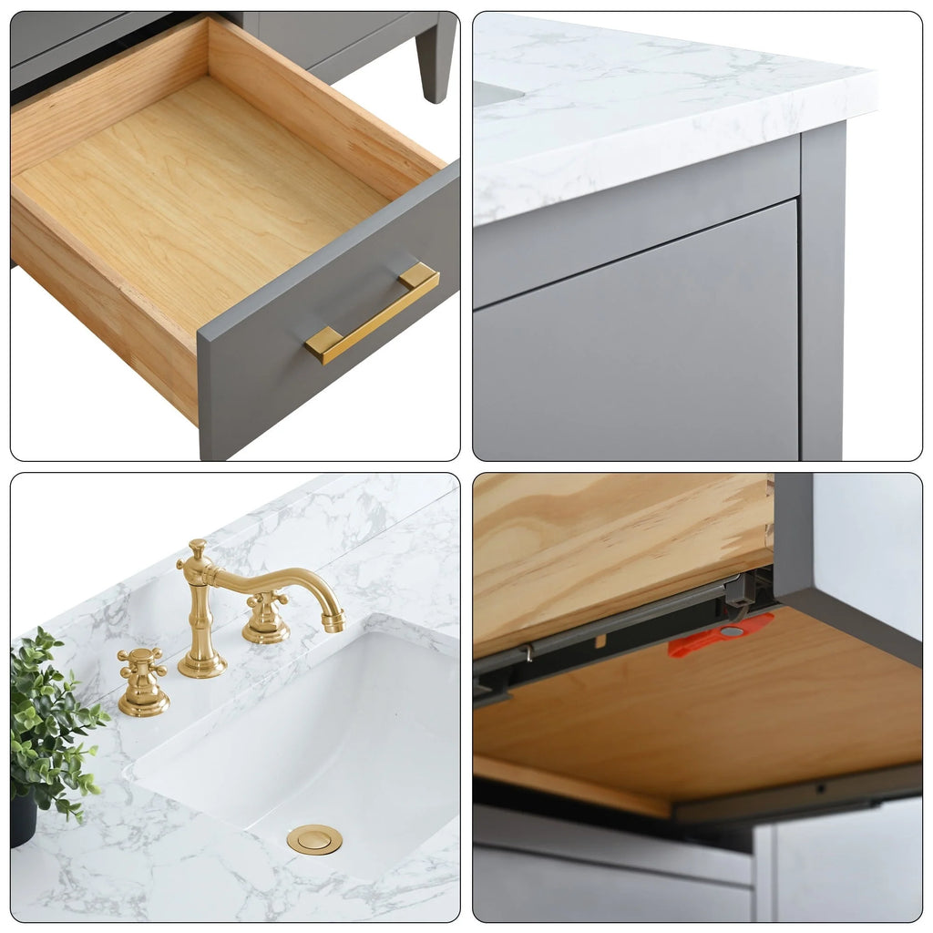 Vanity Art 72 Double Sink Bathroom Vanity Cabinet with Engineered Marble Top