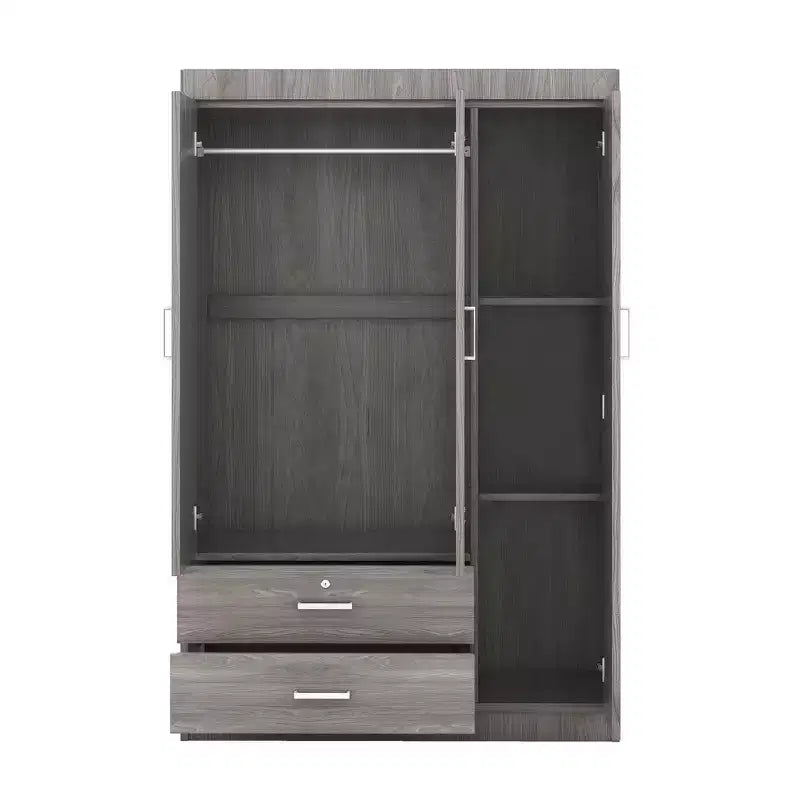Whisen Wood 3-Door Wardrobe Armoire with Hanging Rod, 2-Drawers, and Storage Shelves