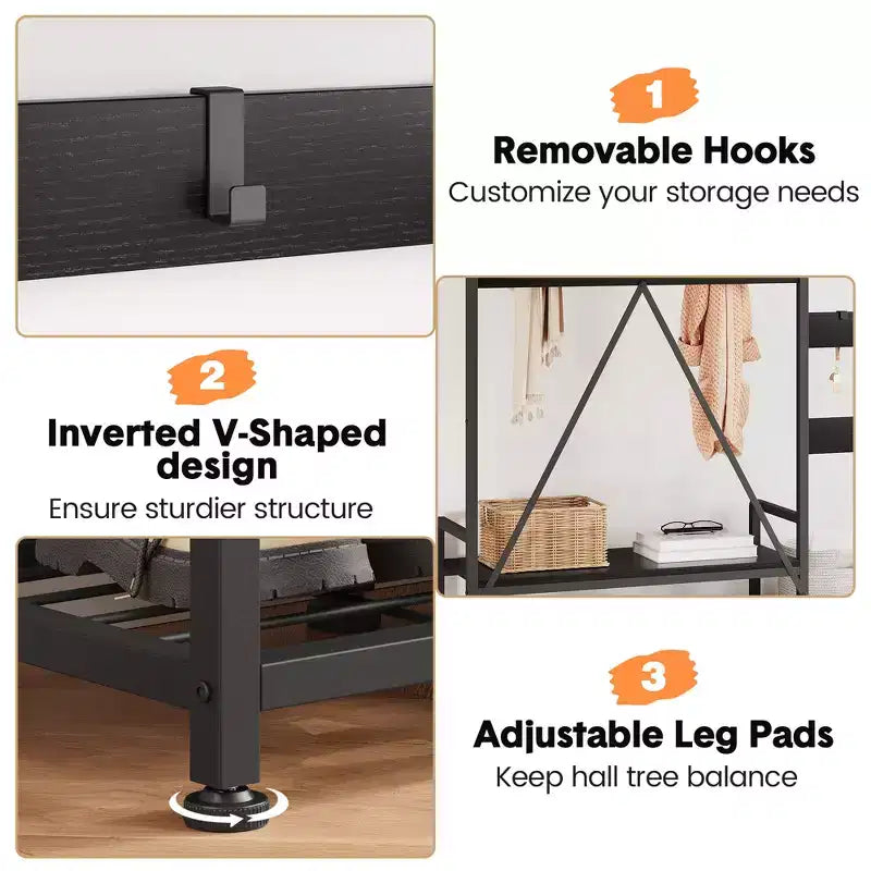Entryway Shoe Storage Rack with Bench, Coat Rack Hall Tree with 7 Hooks and Storage Shelf, Entryway Coat Rack for Hallway Mudroom Bedroom