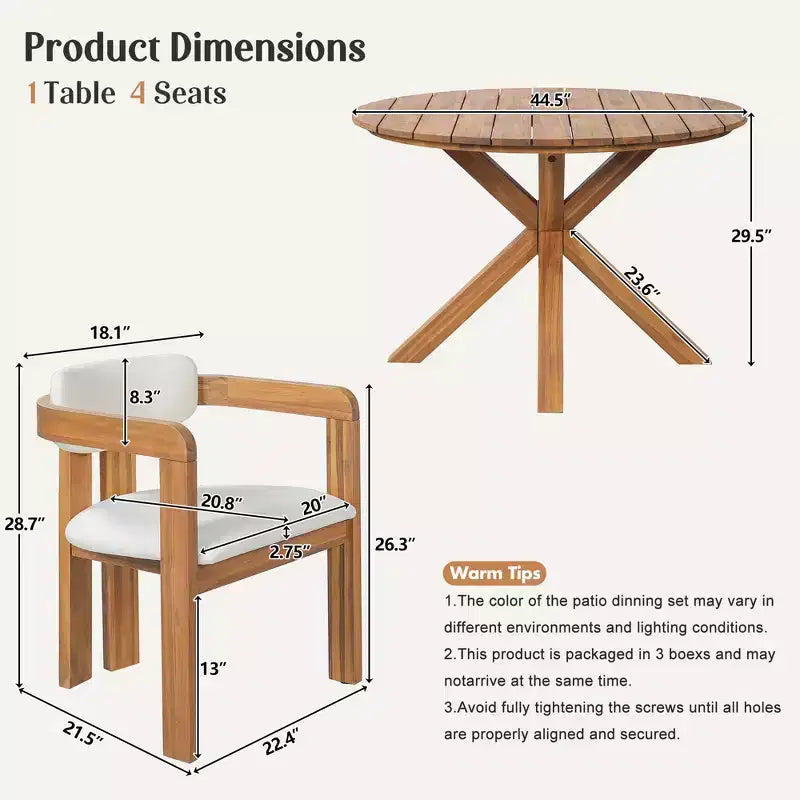 ModernLuxe 5pcs Outdoor Acacia Wood Round Dining Table Set, 47 Patio Table with 4 Cushioned Barrel Chairs for Garden/Patio/Backyard