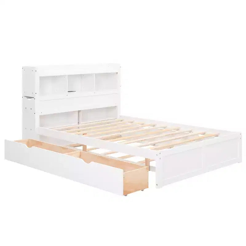 Full Storage Platform Bed with Trundle, Bookcase Headboard and Charging Station, Wooden Full Size Bed Frame with Shelves and Drawers