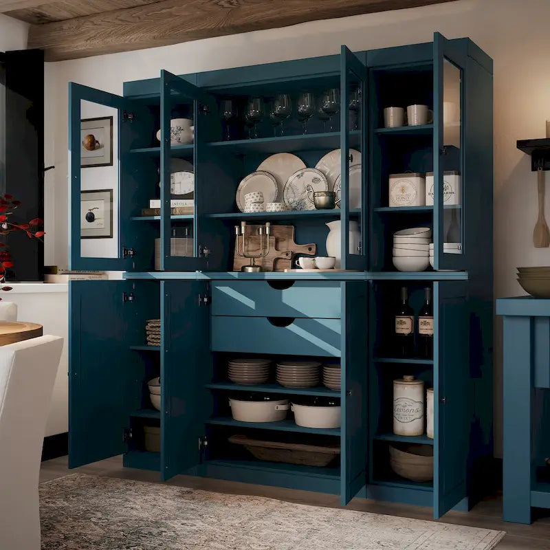 100% Solid Wood Kitchen China Pantry Buffet with Glass or Solid Wood Doors and 2-Drawer Kit 65 x 71.5