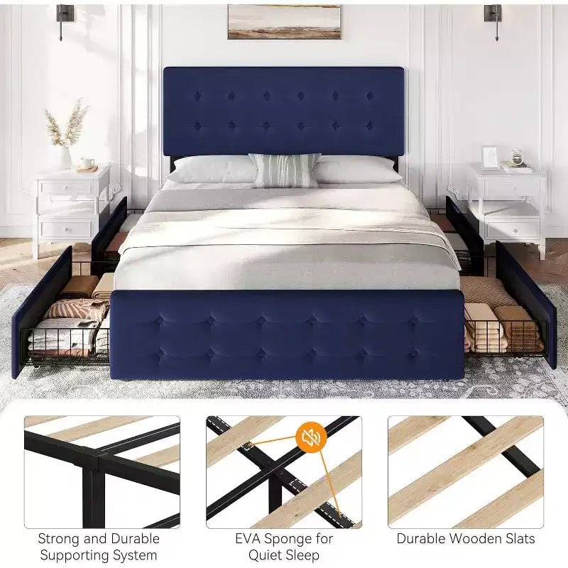 Storage Bed Frame with 4 Drawers & Adjustable Headboard - Upholstered Platform Bed
