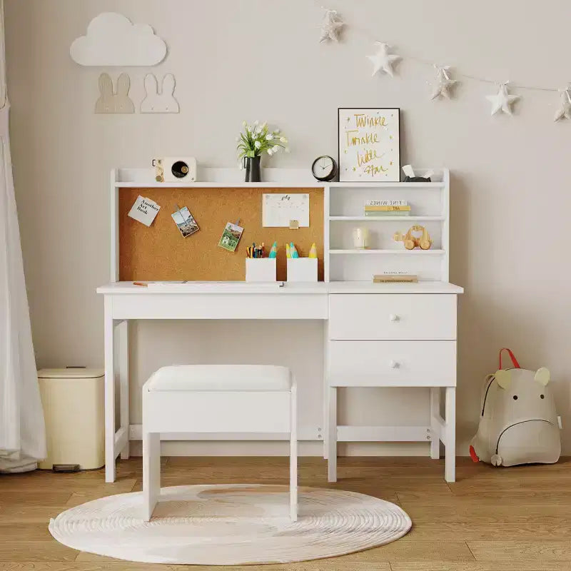 Kids Desk and Chair Set, Wooden Study Table with Adjustable Tilt Desktop, Drawers & Cork Board - Children School Learning Desk Set