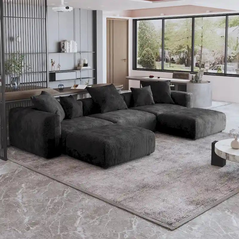 141.73 Modular Sectional Sofa, Corduroy U Shaped Sofa Couch with Ottomans