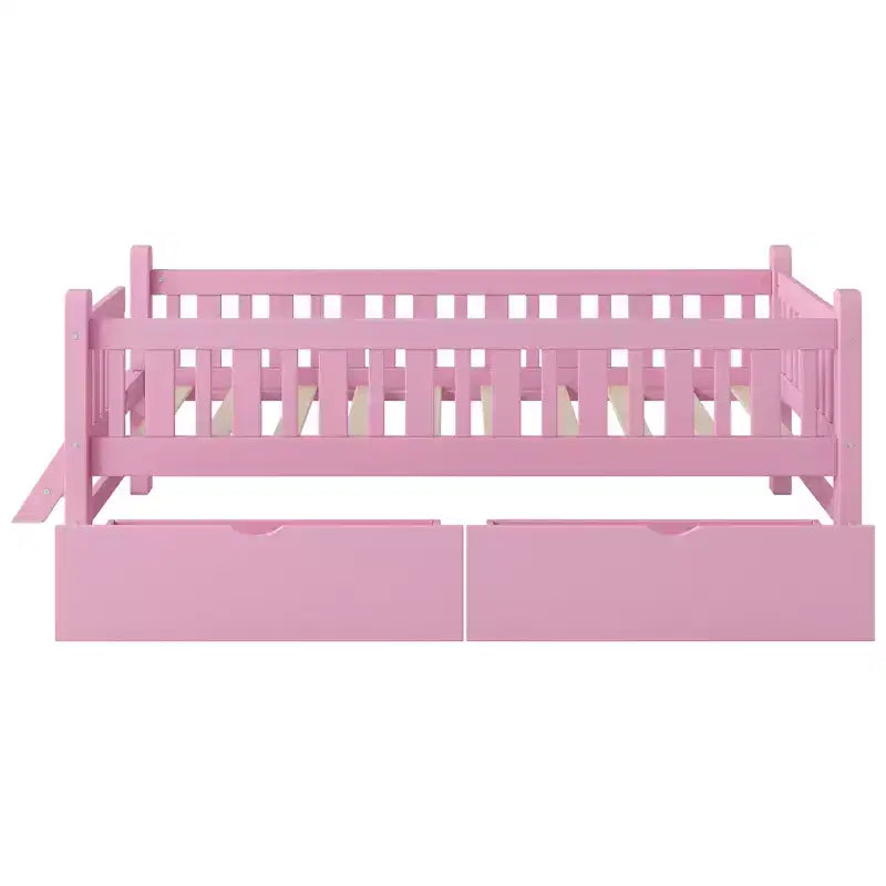 Whisen Twin Size Wood Platform Bed with Guardrail and 2 Drawers