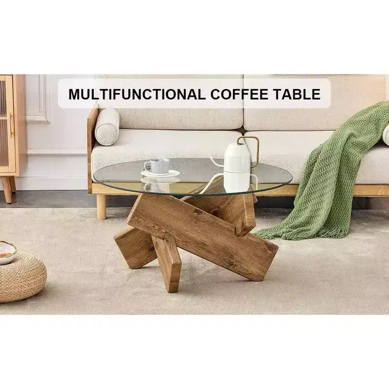 Okak Modern Circular Glass Coffee Table, Small Distinctive Design Tea Table Wood Legs for Living Room Reception Office Farmhouses
