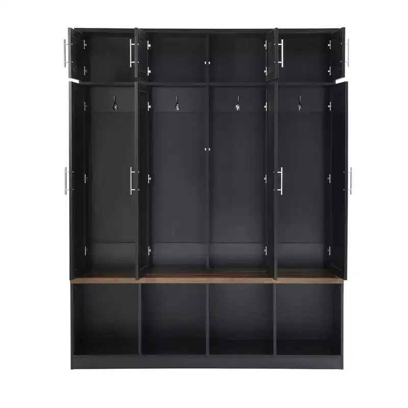 Entryway Hall Tree with Bench, 8 Cabinets, 4 Shoe Compartments & 4 Hooks, Black Mudroom Organizer