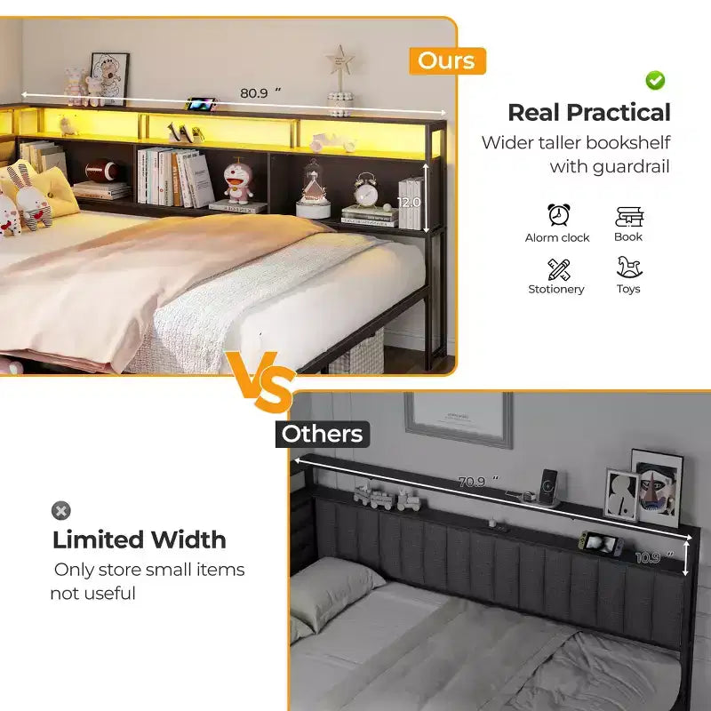 Black Full Bed Frame with LED Lights Charging Station Storage Bookcase 3 Drawers Upholstered Headboard Corner Daybed No Box Spring Support