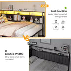 Black Full Bed Frame with LED Lights Charging Station Storage Bookcase 3 Drawers Upholstered Headboard Corner Daybed No Box Spring Support