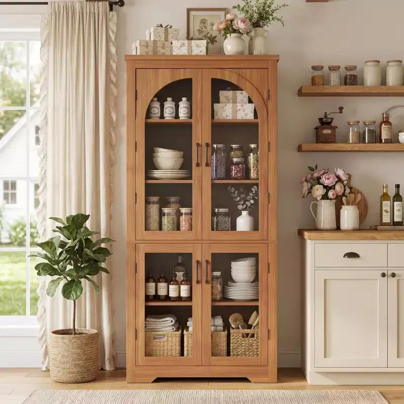Meuble de rangement de cuisine de 178 cm, buffet moderne avec 4 portes vitrées cintrées et étagères réglables, pour cuisine, salon, salle à manger, salle de bain