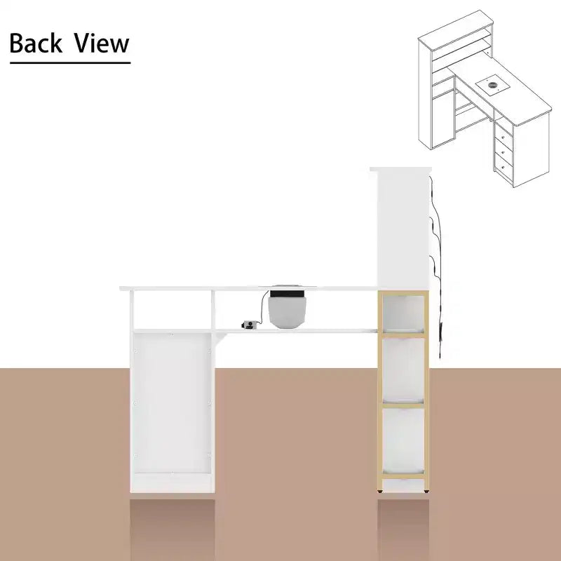 White Nail Table with Built-in Dust Extractor, Tempered Glass Display, Gold Handles Nail Salon Station Makeup Vanity Makeup Table