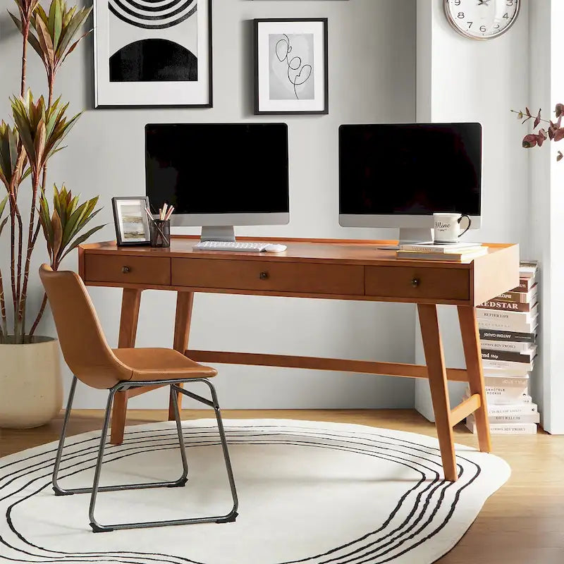 Mid-century Office Desk with Drawer Divider&Cable Management&Charging Station