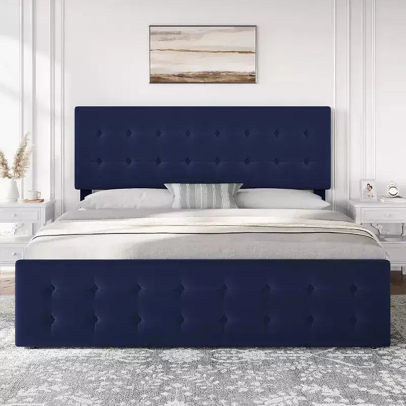 Storage Bed Frame with 4 Drawers & Adjustable Headboard - Upholstered Platform Bed