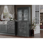 100% Solid Wood Pantry Cabinet with Frosted Glass Doors, Solid Doors, 2-Drawers and Adjustable Shelves