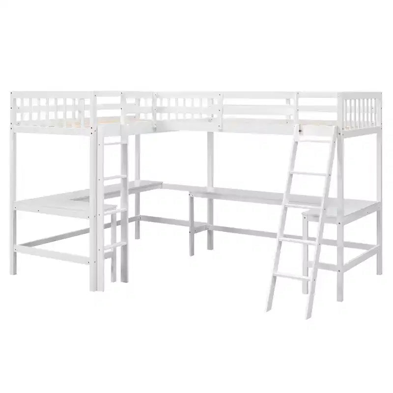 119''L 79.5''W Wood Twin Size L-Shaped Loft Bed with Ladder and 2 Built-in L-Shaped Desks