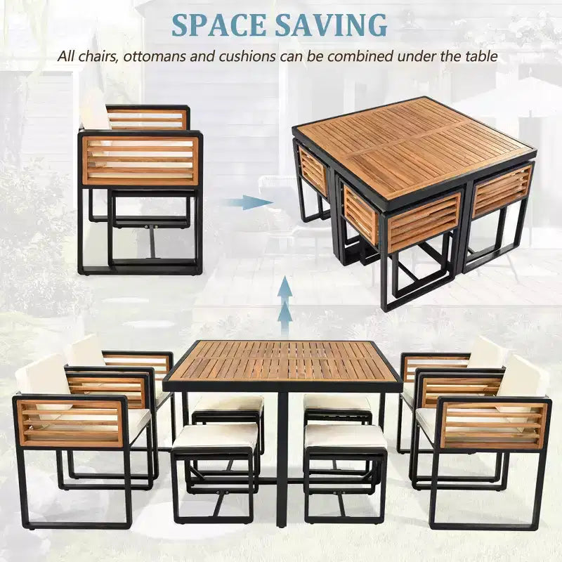 GDFStudio Donald Patio 9-Piece Acacia Wood Dining Set with Square Table, 4 Cushioned Chairs and 4 Stools