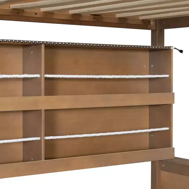 Full Over Full Modern Low Bunk Bed with Storage Lighted Shelves and Pegboard