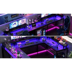 COZONY 78 U/L Shaped Gaming Desk, Reversible Computer Desk with Power Outlets, LED Lights, Monitor Stand & Storage Shelf, Corner Desk for Home Office