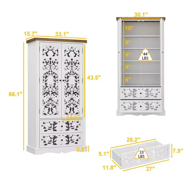 Famapy White Bookcase with Classic Aesthetics:Ornate Hollow Relief Doors & Versatile Storage