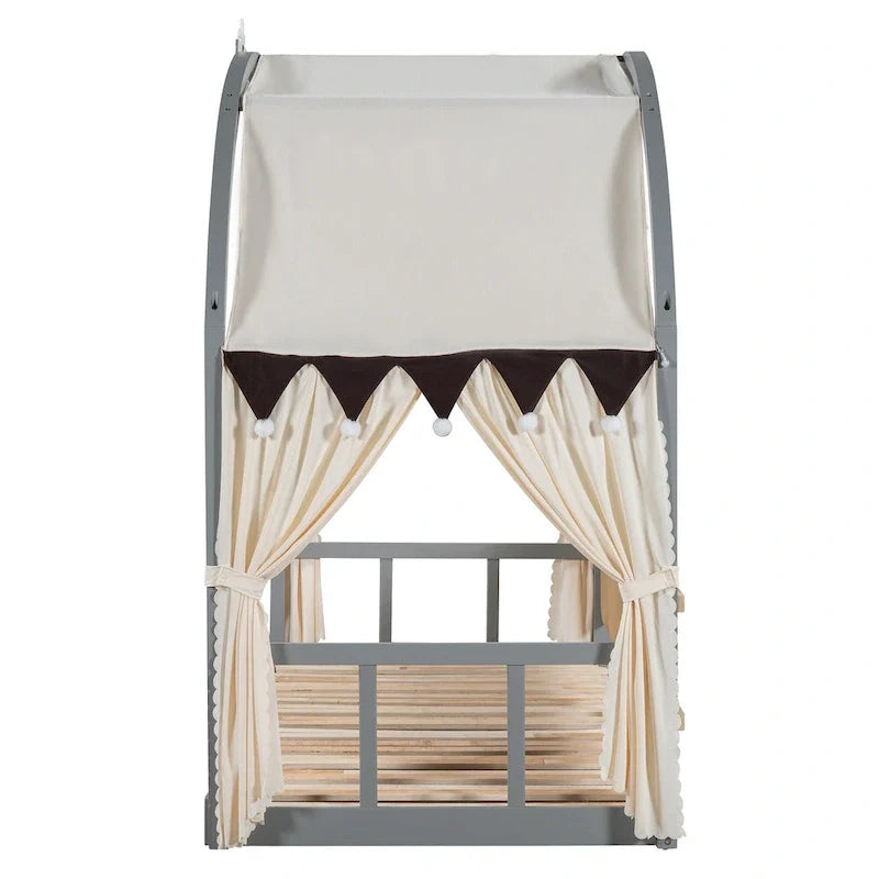 Solid Wood Playhouse Platform Bed Floor Montessori Bed Frame with Arched Roof and Trundle for Girls and Boys
