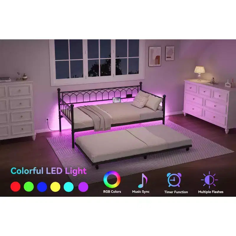 Twin Daybed with Trundle,with Charging Station & LED Lights,Metal Sofa Bed Frame with Pull Out Trundle for Living Room,Bedroom,Guest Room,Apartment