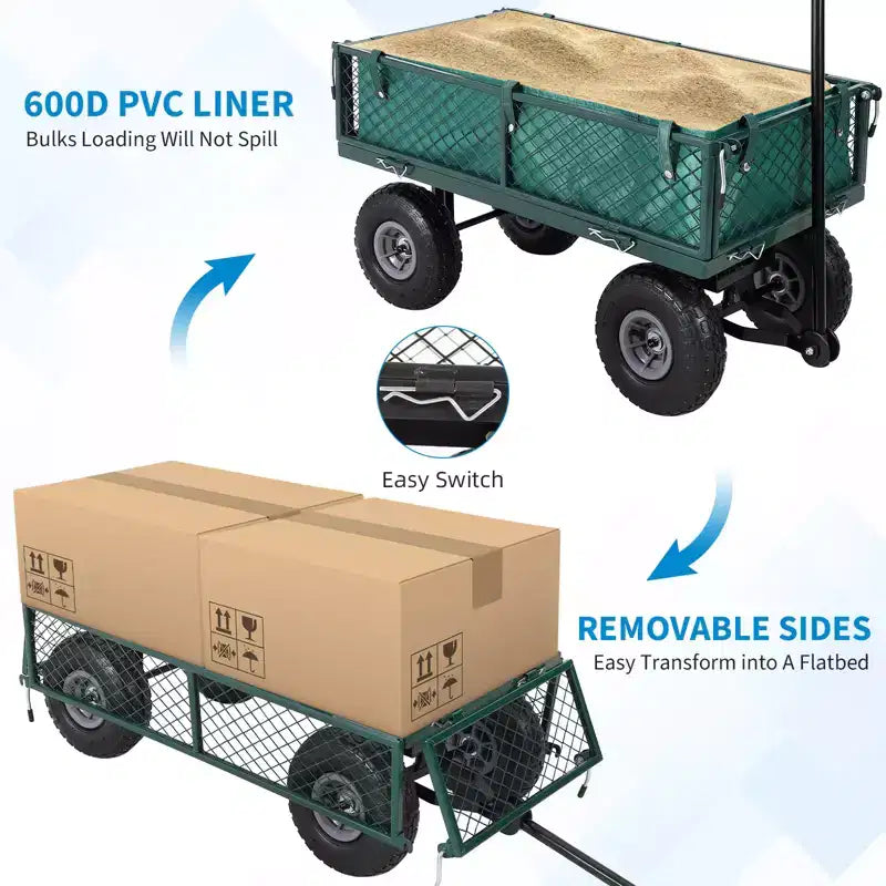 Heavy Duty Steel Garden Cart Wagon, 500 Lbs, Folding Utility Wagon with Removable Mesh Sides & Liner, 10 Pneumatic Tires, Pull Handle