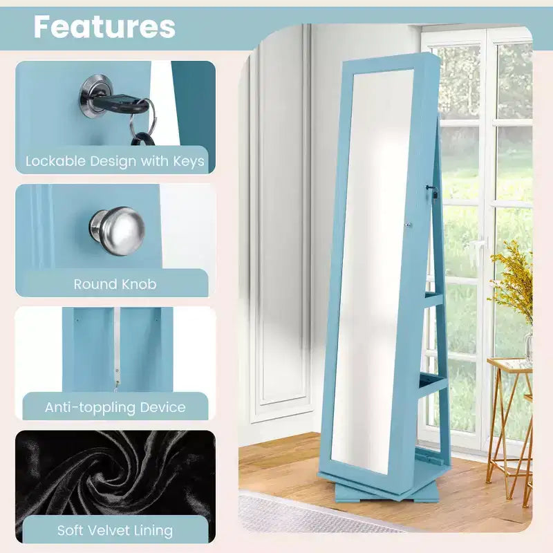 Costway Armoire à bijoux rotative à 360° 2-en-1 Organiseur miroir verrouillable Blanc/Noir/Marron foncé/Gris/Bleu/Rose/Violet/Gris foncé