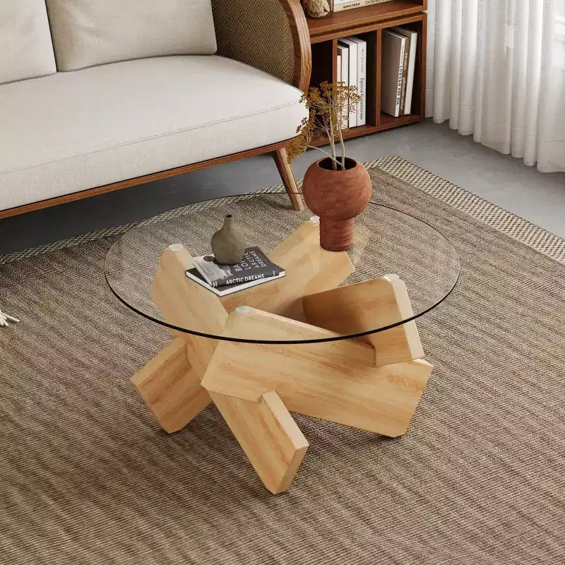 Okak Modern Circular Glass Coffee Table, Small Distinctive Design Tea Table Wood Legs for Living Room Reception Office Farmhouses