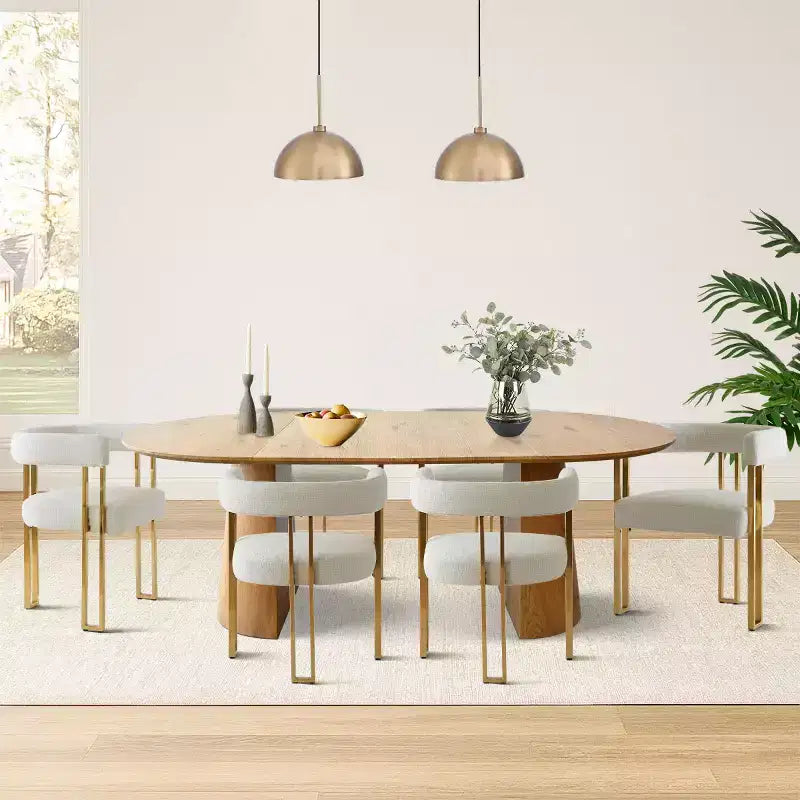 3-in-1 Oval Extendable Dining Table Set with 6 Chenille Upholstered Chairs Featuring Gold Metal Legs, Versatile Dining Furniture-Panipeachy