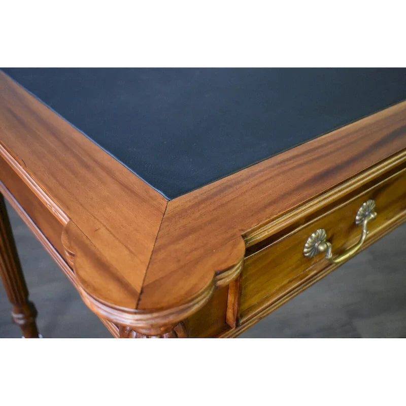 Dark Brown / Light Brown Victorian-Style Solid Mahogany Desk with Black Leather Top and 3 Drawers 窶・Single Unit