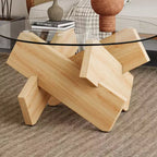 Okak Modern Circular Glass Coffee Table, Small Distinctive Design Tea Table Wood Legs for Living Room Reception Office Farmhouses