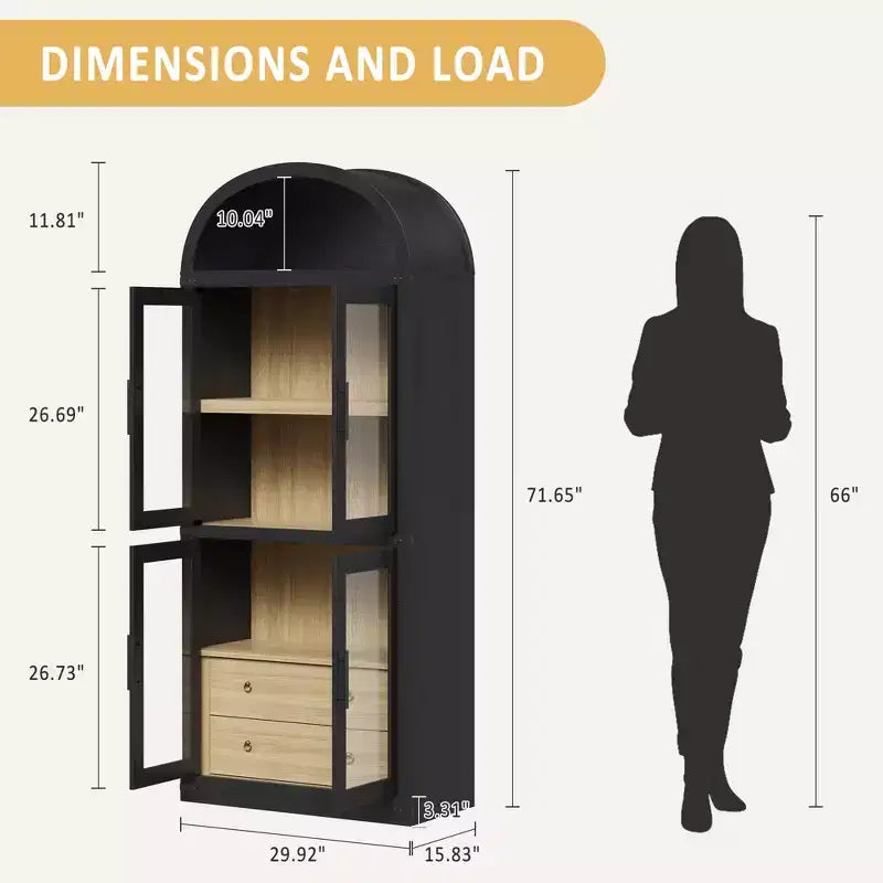 GustoWave 71.4 Tall Arched Bookcase with 4 Doors and 2 Drawers, 15.8 Depth Display Cabinet Storage Shelves ,Wooden Bookshelf