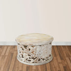 Alina Coffee Table Handcrafted Mango Wood Floral Carved Cut Out Design Distressed White Finish 33 Inch