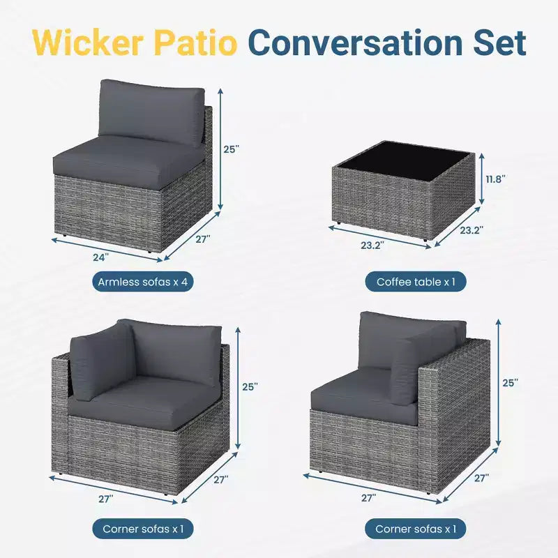 Outdoor 7-Piece Patio Furniture Set, Wicker Patio Conversation Sets with Cushions and Coffee Table, Outdoor Modular Sectional Sofa