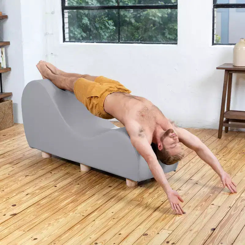 Avana Chaise Lounge Chair for Stretching and Relaxation, Hevea Wood Feet, Faux Leather - Submarine Grey
