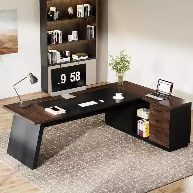 Bureau de direction en L Lantine Modern 78 avec tiroirs et classeur latéral
