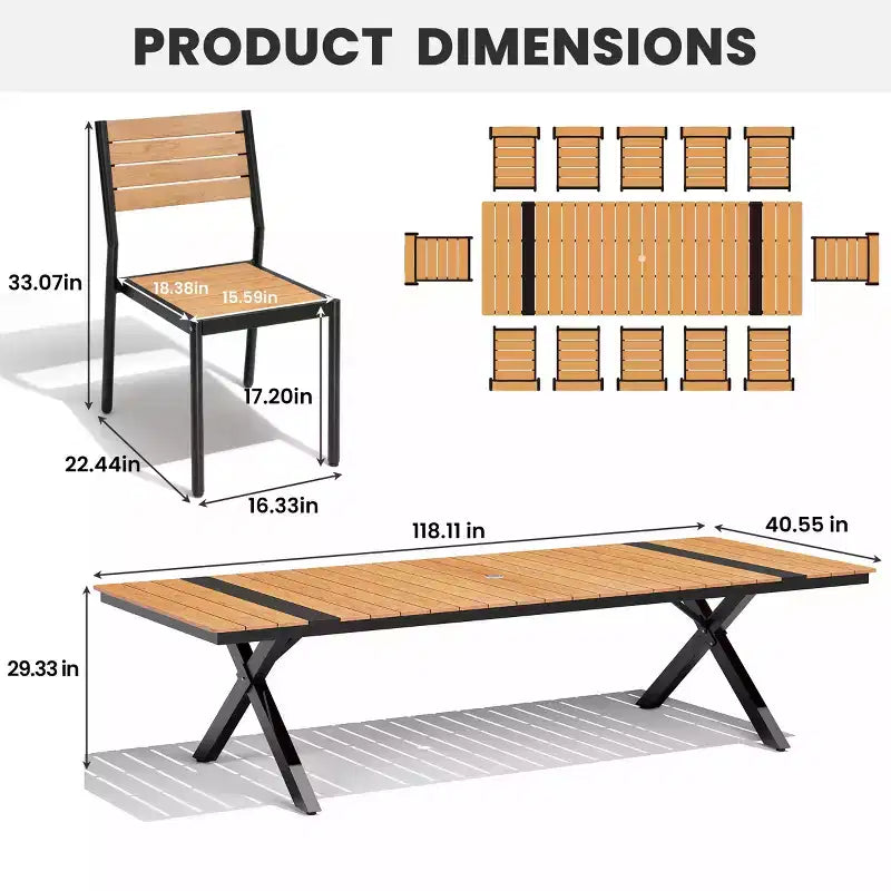 13PCS Extra Large Patio Dining Set X-Style Legs Stackable Chairs Wood Look Finish Table with Umbrella Hole
