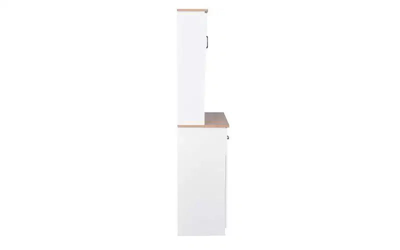 23 Wooden Kitchen Cabinet, Pantry Microwave Cabinet with Glass Doors and Drawers, Adjustable Shelves, White