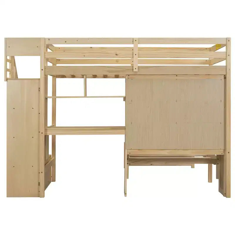 Wood Twin Size Bunk Bed with Desk and Staircase, L-Shaped Twin over Twin Loft Bed with Storage Compartments and Shelves