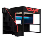 Full Gaming Loft Bed with Desk and LED Light, Wood Full Size Stairway High Loft Bed and Storage Staircase and USB, Red+Black