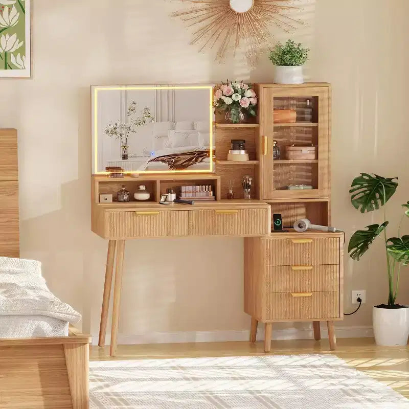 Modern Makeup Vanity Desk with 24-inch Mirror and 5 Drawers, Fluted Dressing Table with Storage Shelf for Women & Girls