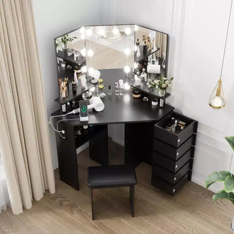 Corner Makeup Vanity Desk with Lights, Dressing Table with Power Outlet and Rotating Drawers for Bedroom
