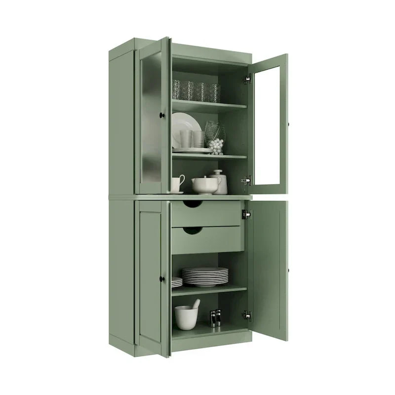 100% Solid Wood Pantry Cabinet with Frosted Glass Doors, Solid Doors, 2-Drawers and Adjustable Shelves