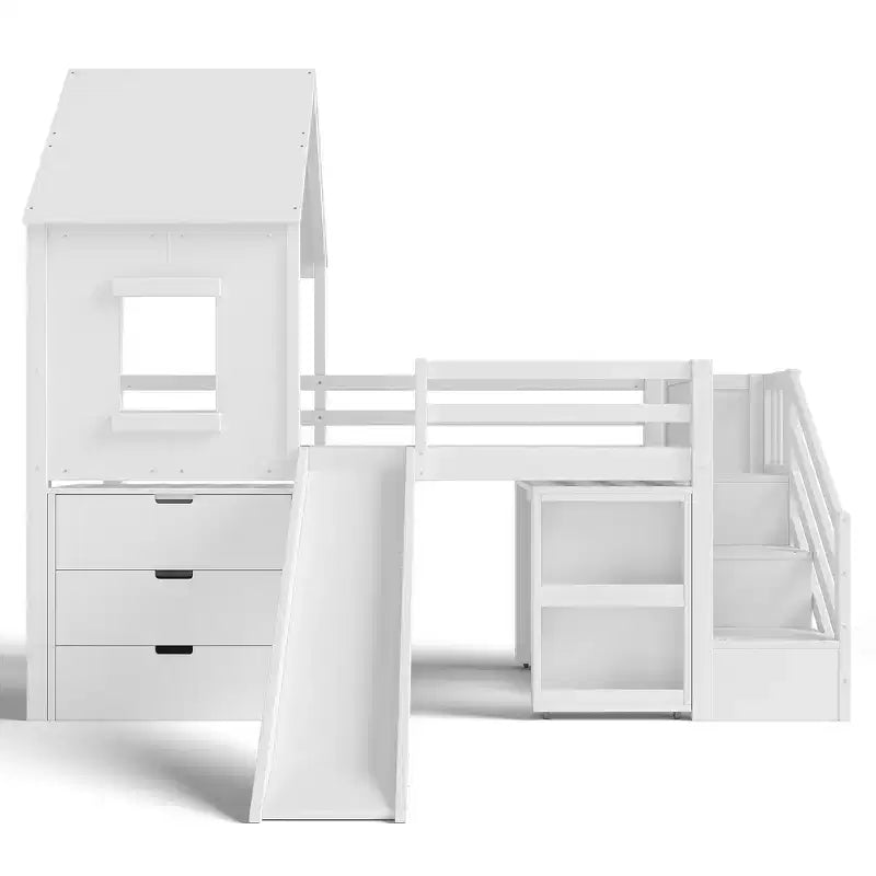 Letto a soppalco singolo con 3 cassetti e scala contenitore, struttura a casetta in legno con scivolo e scrivania rimovibile