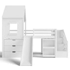 Letto a soppalco singolo con 3 cassetti e scala contenitore, struttura a casetta in legno con scivolo e scrivania rimovibile