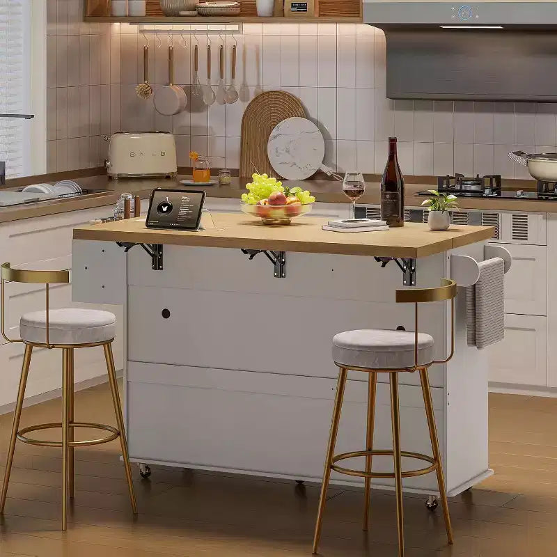 55 Mobile Island Table with Power Outlet & Drop Leaf, Kitchen Rolling Island Kitchen Island Cart with Trash Storage Cabinet for Kitchen