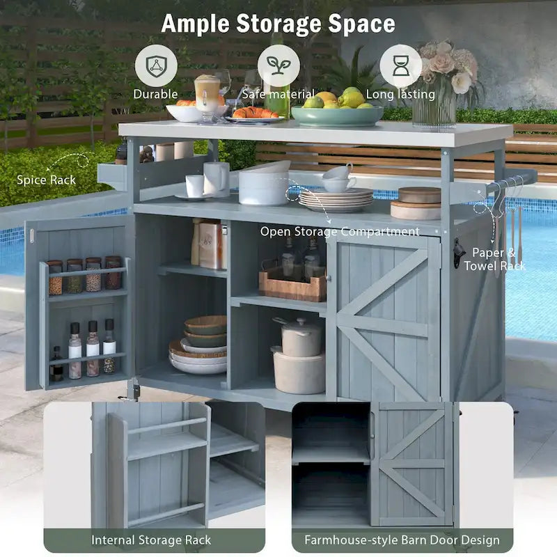 Outdoor Kitchen Island, Rolling Bar Cart & Storage Cabinet,Solid Wood Grill Table with Stainless Steel Top,Spice Rack,Towel Rack