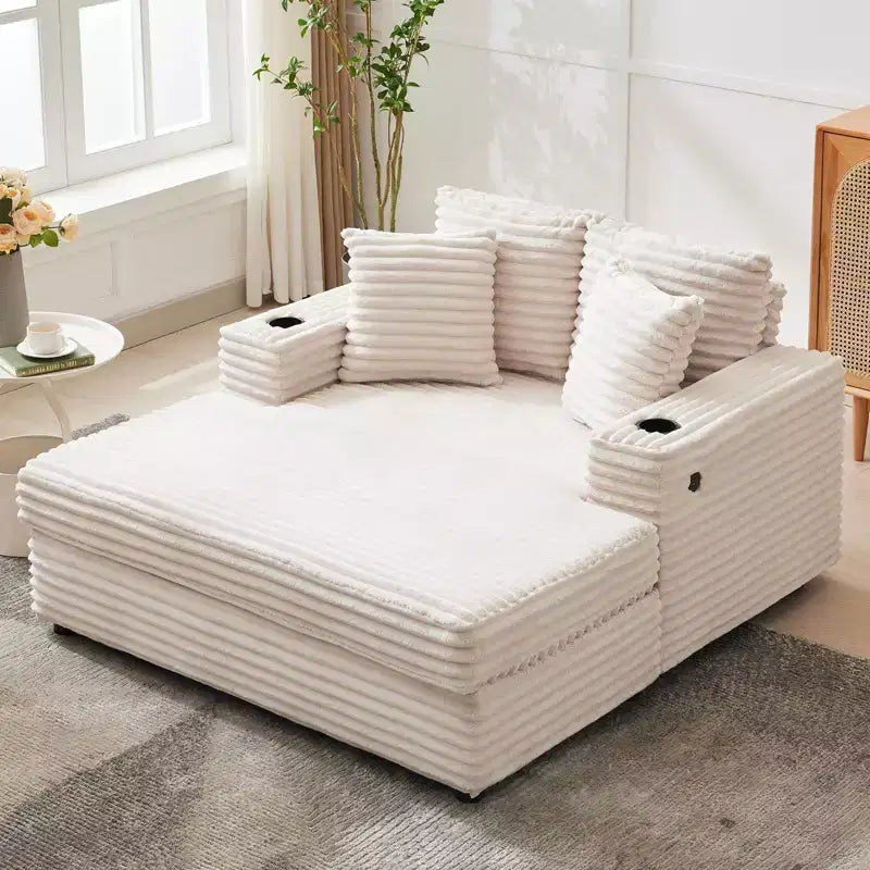 Corduroy 3-Seat Lounge Sofa with Cup Holders & Charging Ports